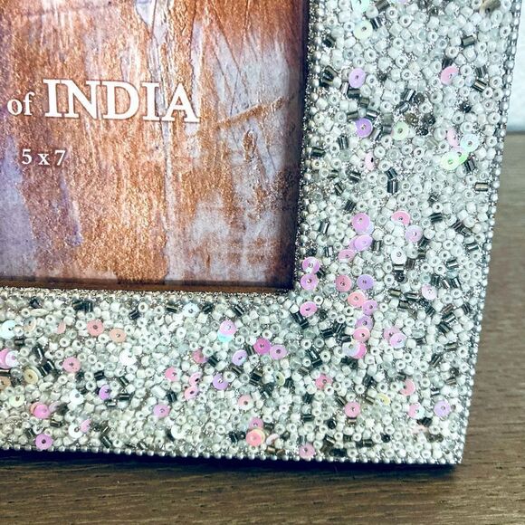 Sparkly Pink White Beaded Boho Wood Picture Frame - Picture 2 of 4
